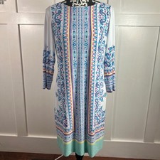 Chaps Women Size 8 Dress White Blue Pink Paisley Print 3/4 Sleeve Sheath