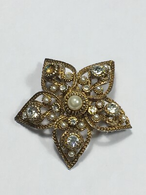 Broche Vintage Dorée Avec Perles Et Strass - Nacre - Modèle Ancien (8-38)