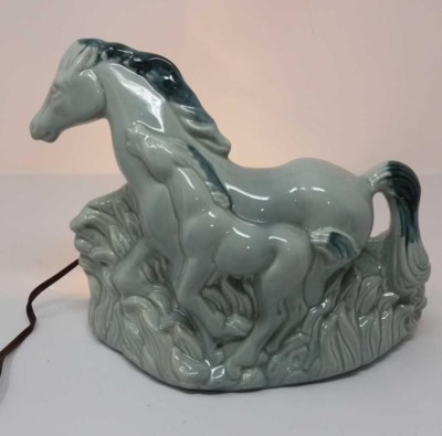 MID CENTURY MODERN RUNNING MARE & COLT TV LAMP 1950's PHIL MAR POTTERY CALIF
