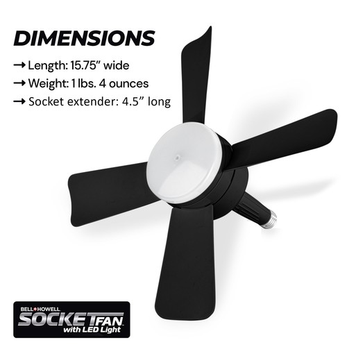 Bell+Howell Socket Breeze Deluxe, Small Ceiling Fan with LED Light and Remote, - Picture 5 of 8