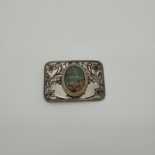 Vintage Silver Tone Metal Belt Buckle with Oval Cabochon