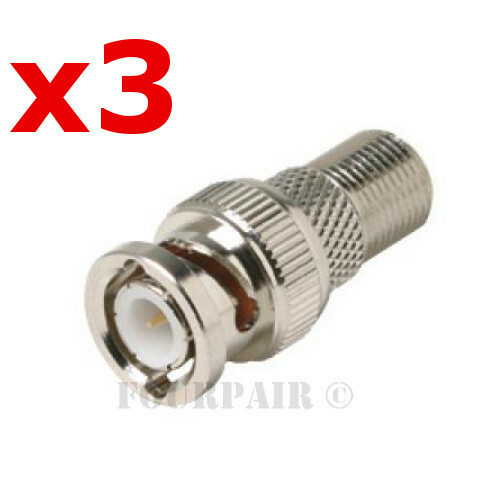 3 Pack BNC Male Plug to F-Type Female Coax CCTV RG59 Cable Adapter Connector