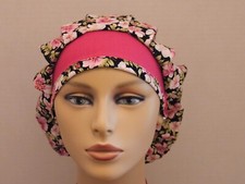 Bouffant/Ponytail Combo Scrub Hat - Floral Print on Black