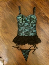  Seven 'Til Midnight Teal W/Black Lace Corset & Thong
