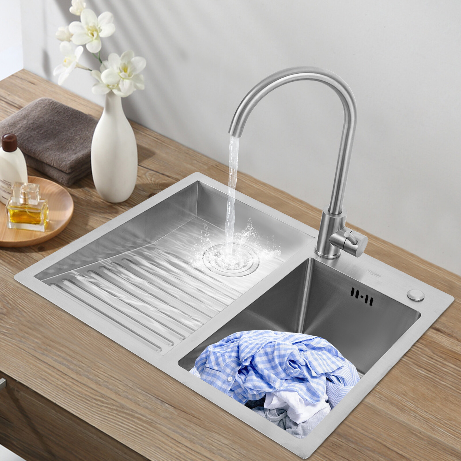 Laundry Sink Double Basin With Hot/Cold Faucet 304 Stainless Steel Scrub Basin
