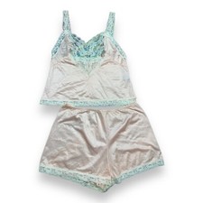 Vtg Lady Cameo Dallas Pale Pink Satin Lace Coquette Camisole Shorts Set Size M