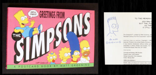 MATT GROENING SIGNED 1st Ed + Bart Sketch GREETINGS FROM THE SIMPSONS Postcards! - Afbeelding 1 van 5