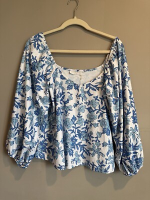 Smith And Quinn  Blue White Floral Balloon Sleeve Crop Oversize Blouse Small