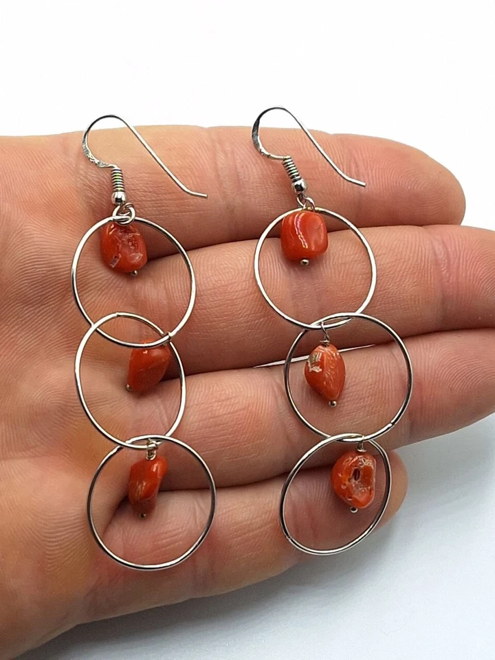 Orecchini pendenti con Vero corallo rosso Di Sardegna In Argento 925 Rodiato - Immagine 2 di 4