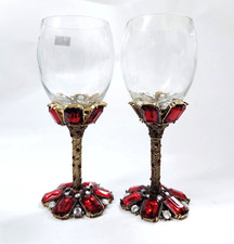 VINTAGE SET of 2 HANDMADE GOLD,RED & WHITE CRYSTALS RHINESTONE WINE GLASS,GOBLET