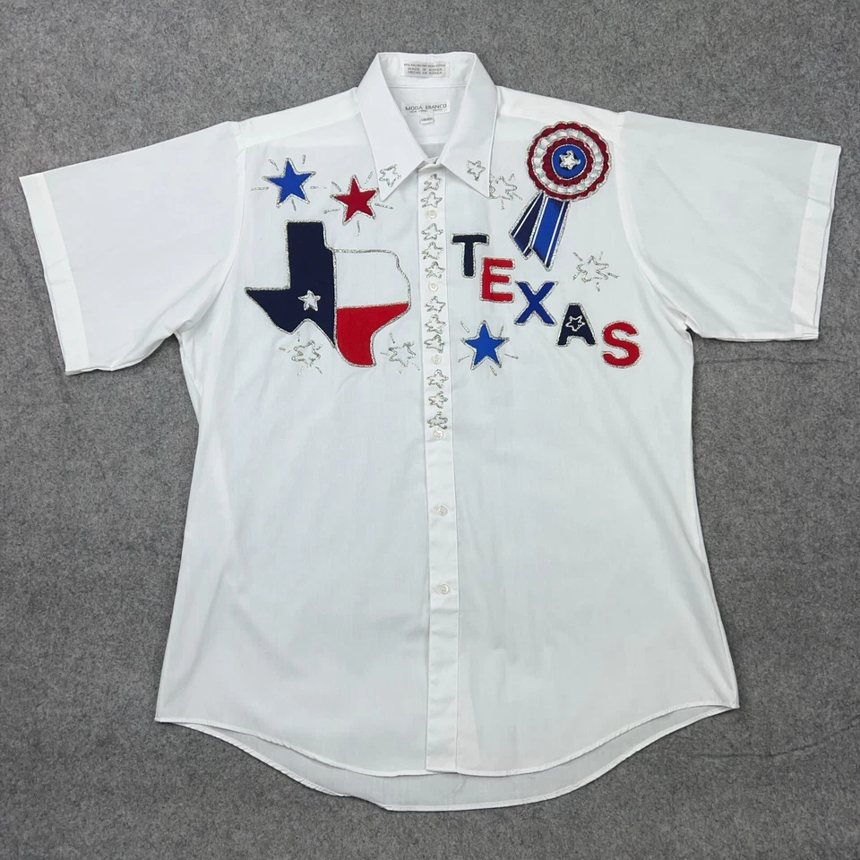 VTG Texas Shirt Mens Large White Short Sleeve Western Cowboy 4th of July Button - Image 2 of 4