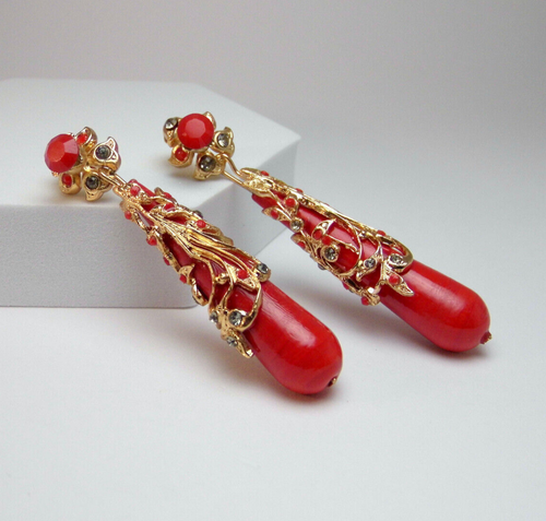 Boucles D'Oreilles Femme Verre de Murano Rouges D'Or Style Liberty Vintage