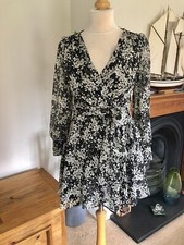 Zara Black & White Floral Printed Metallic Thread Mini Dress with Belt XS UK8