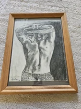1980 Pencil Drawing Semi Nude Male Taking Off Shirt Blue Jeans Bare Chest...