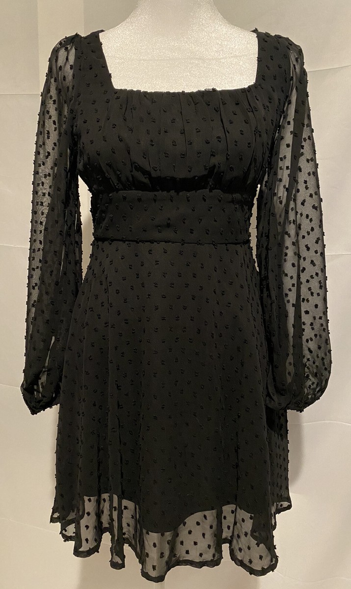 black dress with sheer polka dot sleeves Pieces sheer textured mini dress in black