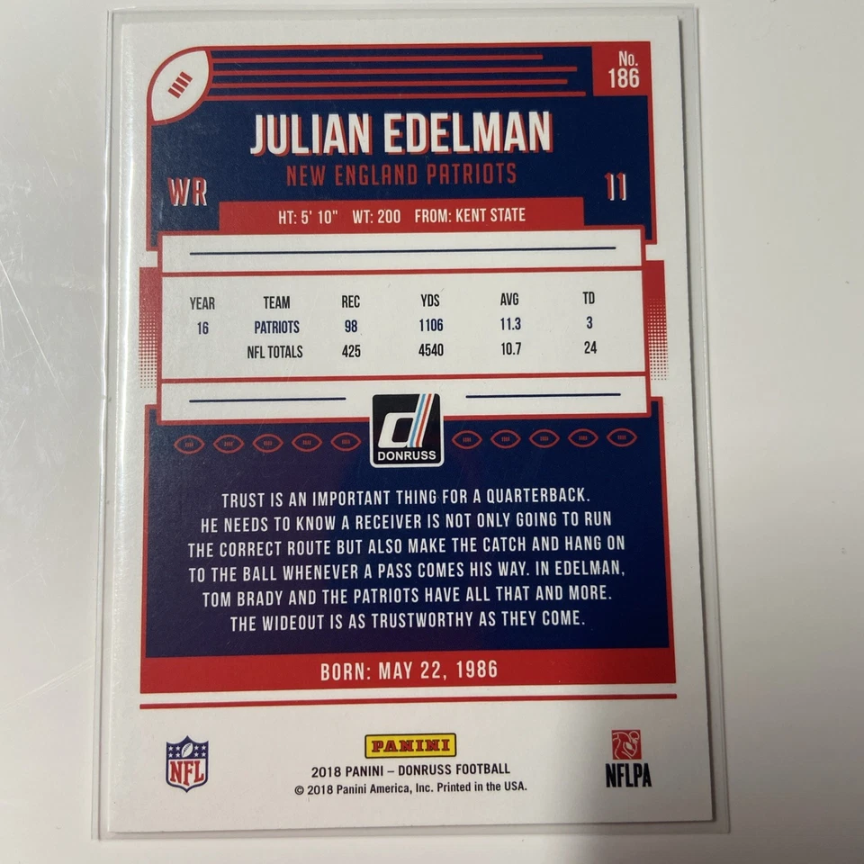 2018 Donruss # 186 Julian Edelman New England Patriots - Image 2 of 2