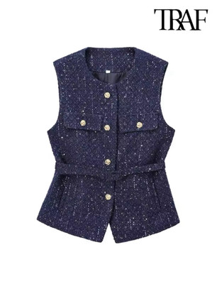 TRAF-Women's Tweed Waistcoat with Belt, O Neck, Sleeveless Chic Top