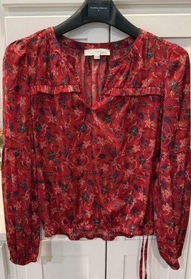 Loft Boho Long Blouson Sleeves Ruffle Tie Top M Red Floral And Bird Print