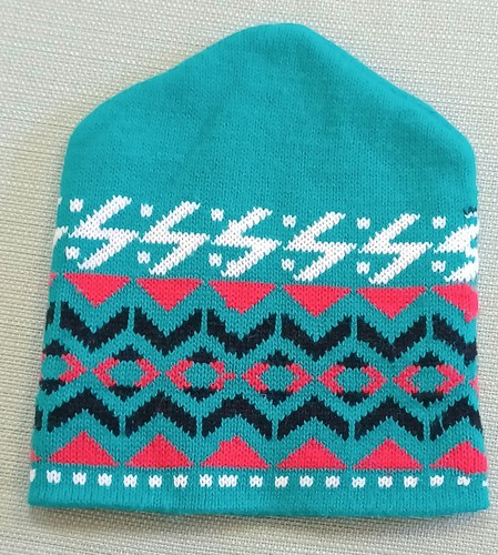 Vintage 80's Beanie Hat Toboggan Made in USA Teal Blue With Geometric Pattern - Picture 3 of 12