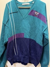 Vintage John Ashford Tennis V-Neck Knit Sweater Size XL Green Purple