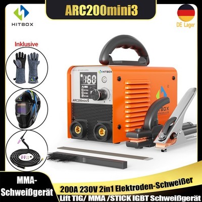 HITBOX Schweißgerät 200A 230V Lift-WIG MMA Elektrodenschweißer LED & TIG-Brenner
