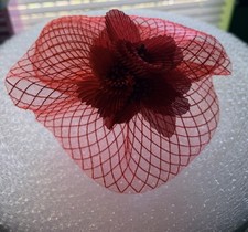 Red Fascinator Hat Headband Floral Mesh Church Derby Tea Party Wedding Elegant