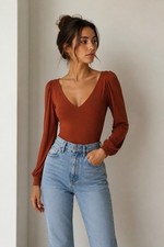 Lulus Basics Rust Bodysuit V Neck Bishop Sleeve Minimalist Quiet Luxury Chic M