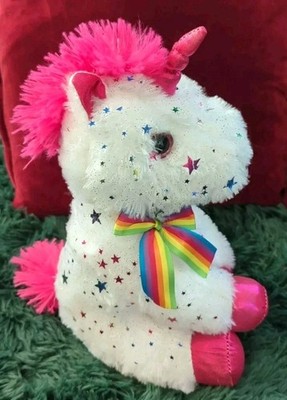 Rainbow Glitter Star Unicorn Plush Stuffed Animal Happy Pink Ribbon Magic 10.5 