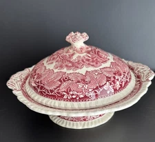 Vintage Mason's Ironstone Vista Pink Red  Serving Bowl Covered Dish W Lid