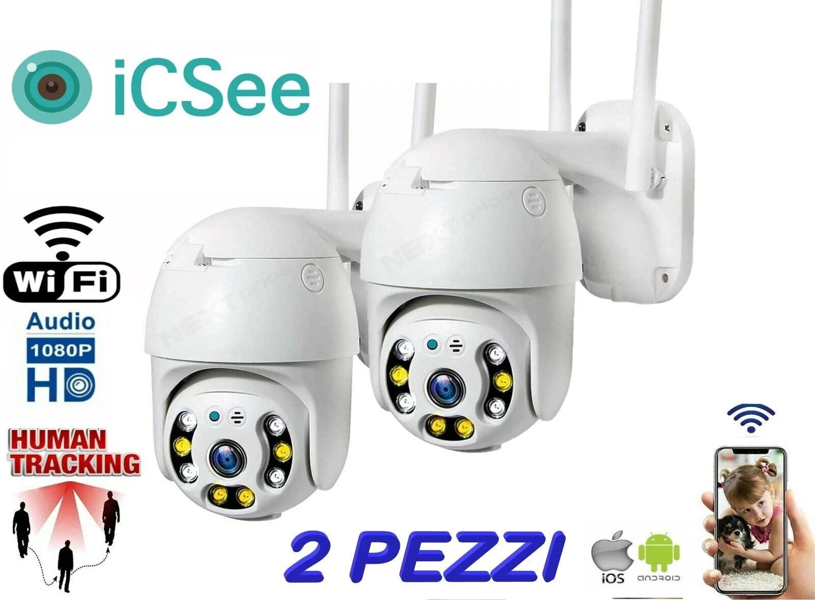 Kit 2 Telecamere WiFi iCSee PTZ Esterno Smart Zoom 8X Wireless