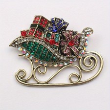 Rhinestone Inlaid Christmas Sled Brooch Green...