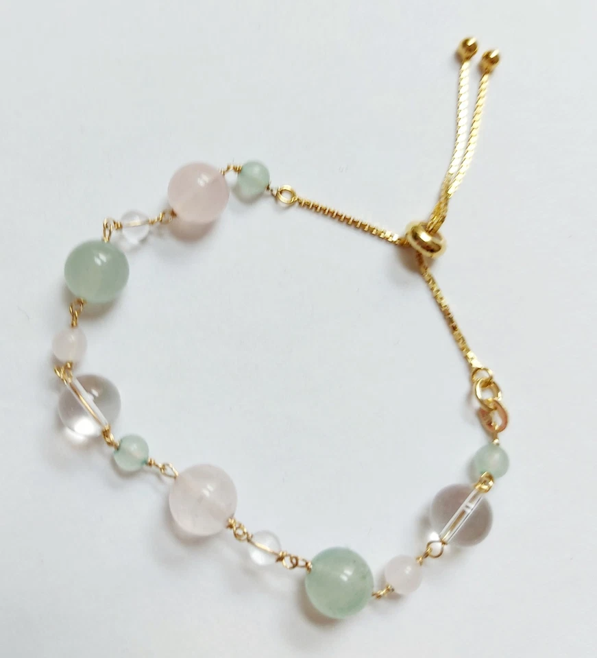 Bracciale in argento 925 dorato oro con quarzo rosa quarzo ialino e avventurina  - Immagine 4 di 4