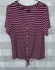 Lane Bryant Plus 22/24 Burgundy Striped V Neck Tie Front Short Sleeved Shirt