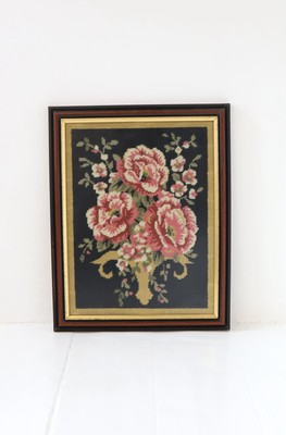 Vintage Gobelin Bild fertig Nadelspitze Rosen Blumen gerahmt 14  x 11 
