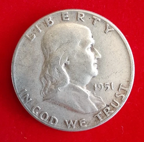1951 Ben Franklin US Half Dollar 90% Silver Coin 50C