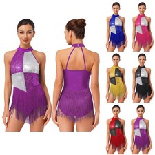 Women Dancewear Glitter Leotard Turnbody Dress Shiny Sleeveless Ice Skating