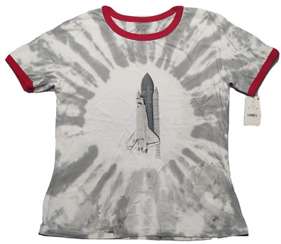 NASA SPACE SHUTTLE Women Large Gray Tie Dye Ringer Short Sleeve T-Shirt NEW