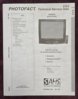 Sams Photofact 4361 Service Manual for Zenith A27A23W4, A27A22BT, A27A22BT4