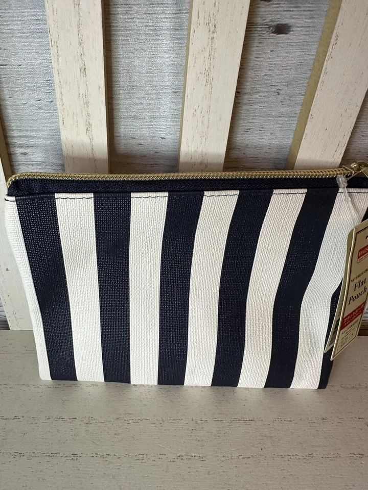 Daiso Navy White Striped Flat Pouch Purse NWT Nautical Small Travel Makeup Bag - Image 3 of 4