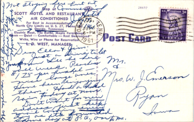 Vintage Postcard Scott Motel Tennessee Oneida US 27 AAA Approved Scenic View