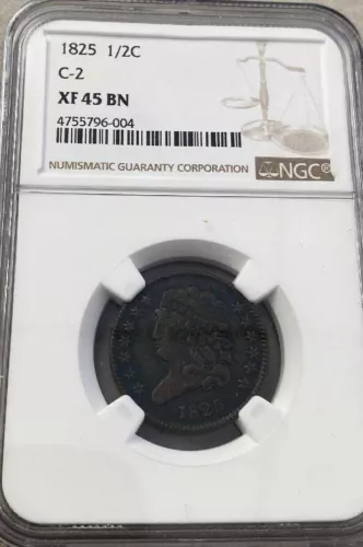 1825 1/2 CENT C-2 XF45 BN NGC FREE SHIPPING