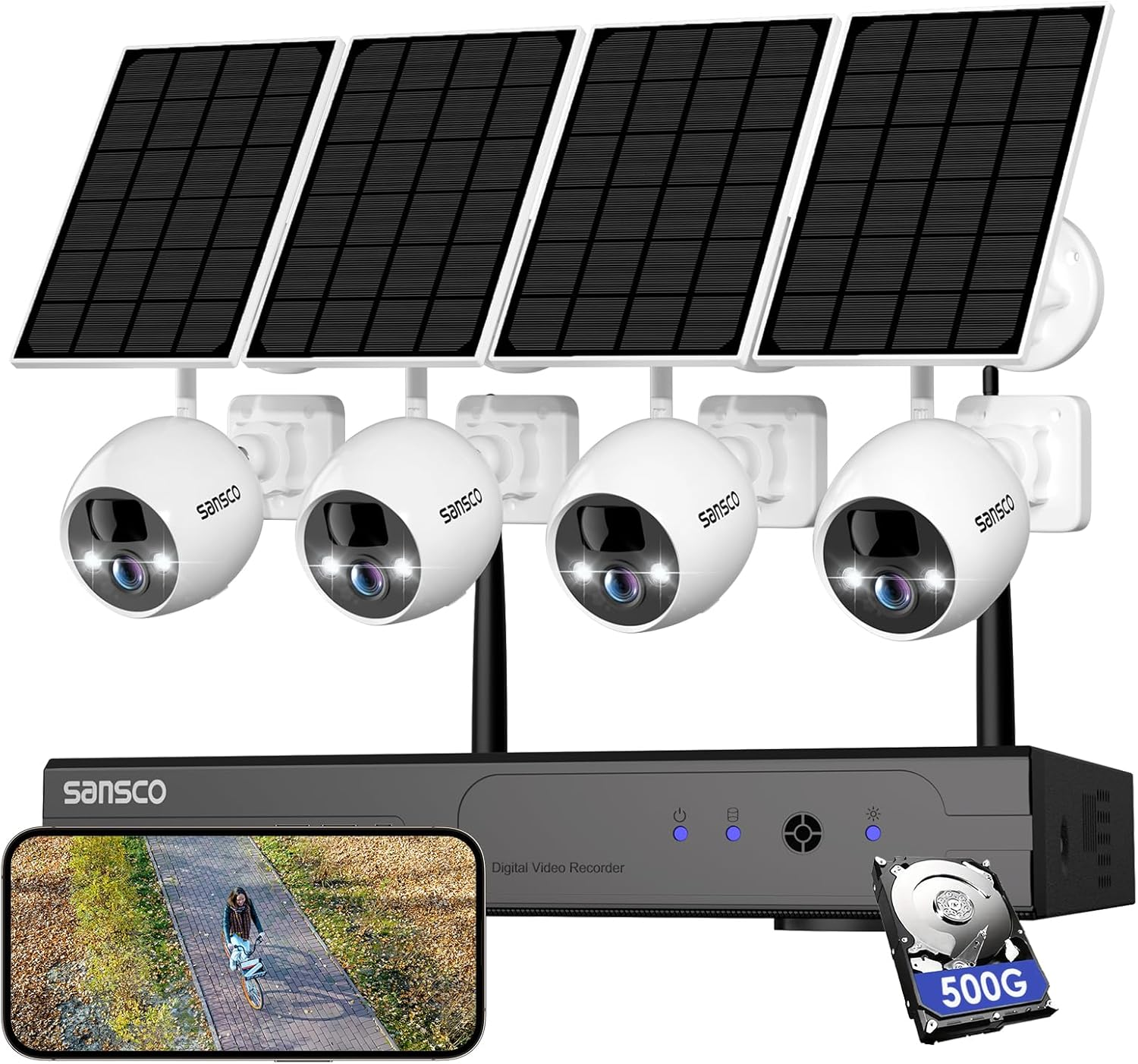 Solar Security Cameras System Outdoor, 10CH 2K NVR Wireless Recorder with 500GB