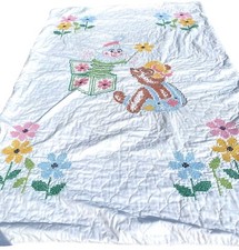 Handmade bear Jack-in-in the-Box cross stitch blanket quilt floral kids nursery