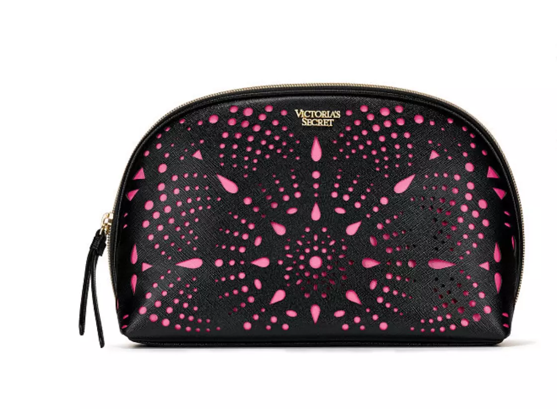 NWT VICTORIA'S SECRET VS LASER CUT GLAM BEAUTY BLACK & PINK POUCH COSMETIC  BAG