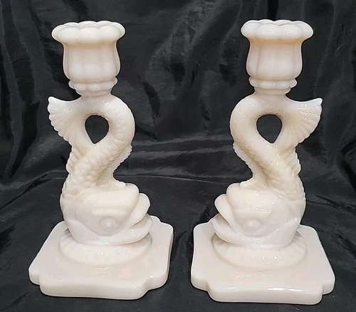 VINTAGE CAMBRIDGE PINK TUSCANY MILK GLASS  DOLPHIN KOI FISH CANDLEHOLDERS