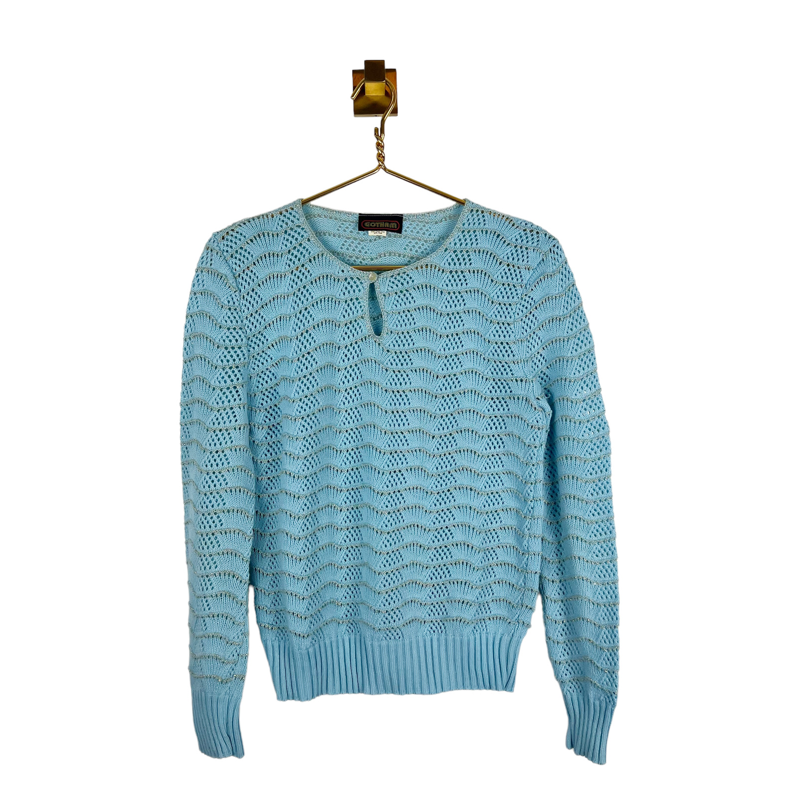 Vintage 80s Light Blue Crocheted Knit Sweater Gol… - image 1