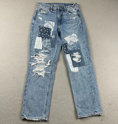 American Eagle Jeans Womens 2 Regular Blue Denim Patched Ripped Cropped