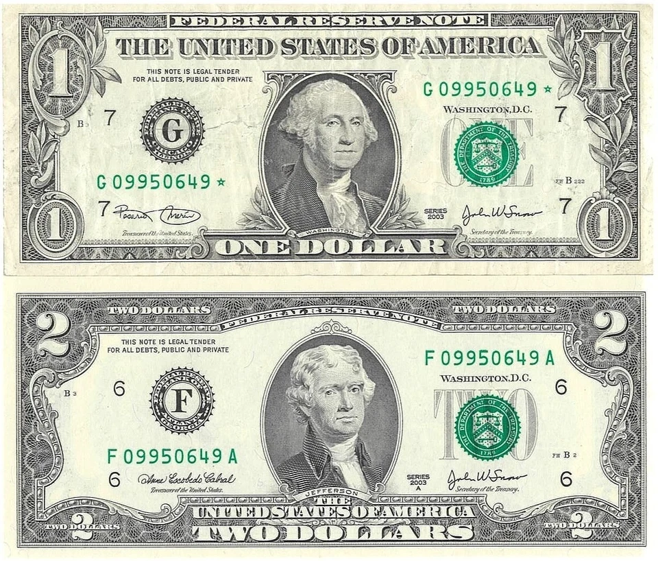 One Dollar Two Dollar Lot Matching Serial Numbers One Star Note - Image 3 of 4