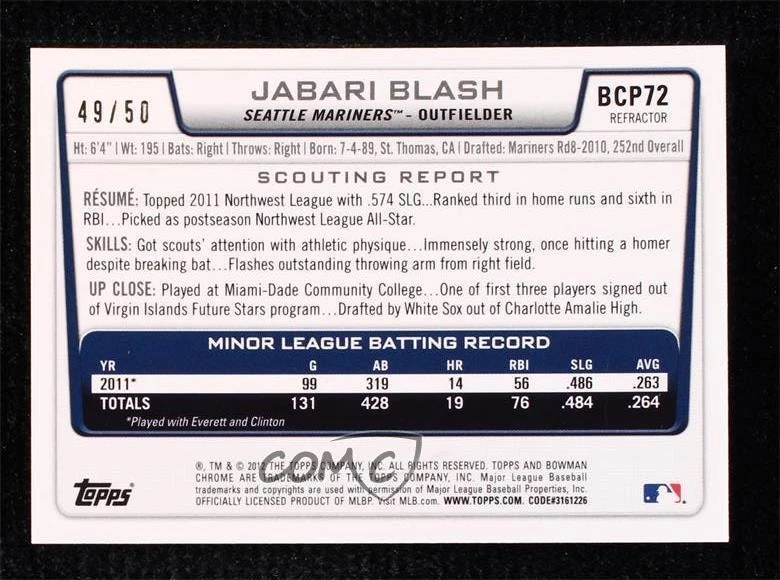 2012 Bowman Chrome Prospects Gold Refractor /50 Jabari Blash #BCP72 - Image 2 of 2