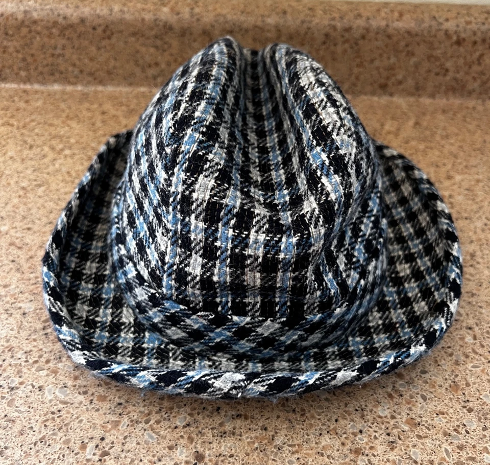 Vintage Short Brim Wool Blend / Tweed Trilby / Fedora Hat 7.5 blue PLAID 1950's - Image 4 of 4